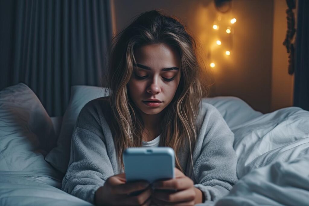Young woman sits in bed and looks at phone as she struggles with SAD and addiction